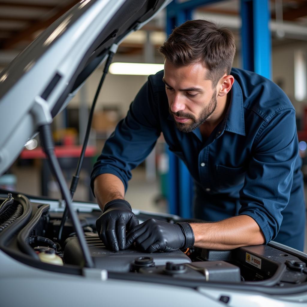 Certified Car Mechanic Working on Engine