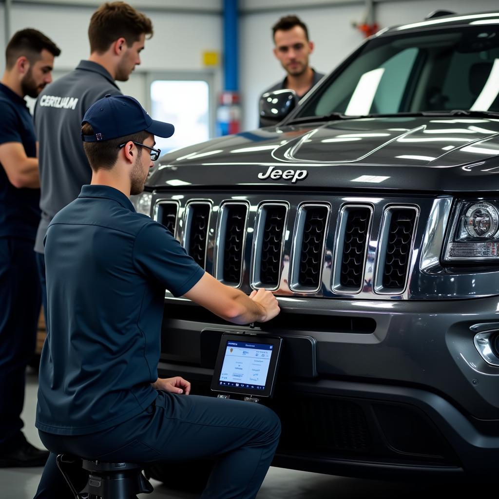 Certified Chrysler Jeep Technicians Working on a Vehicle