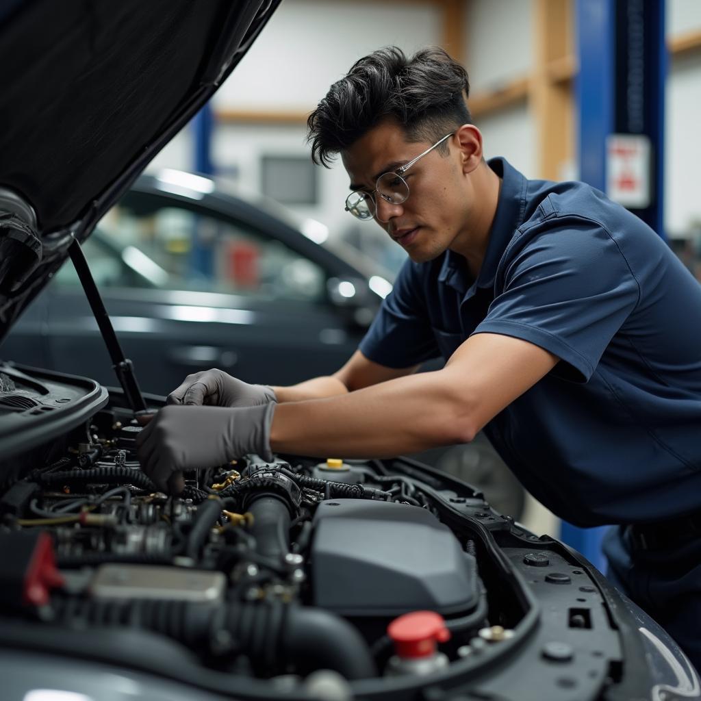 A certified mechanic in Danville working on a car engine.