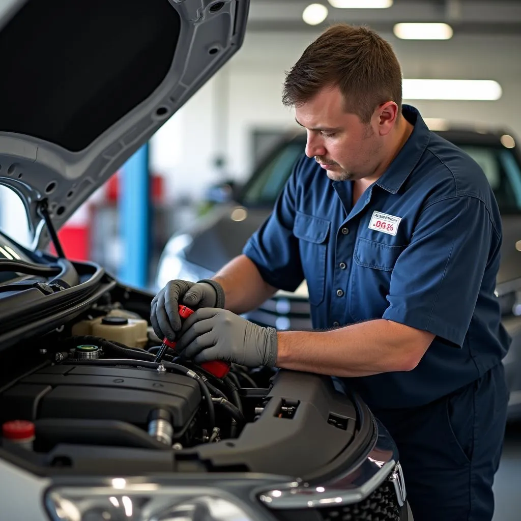 Certified Honda technician working on a car engine