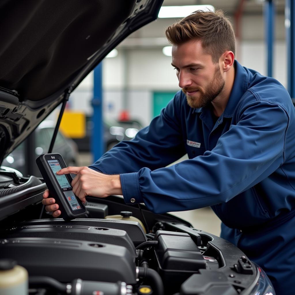 Certified mechanic inspecting a car engine with diagnostic tools