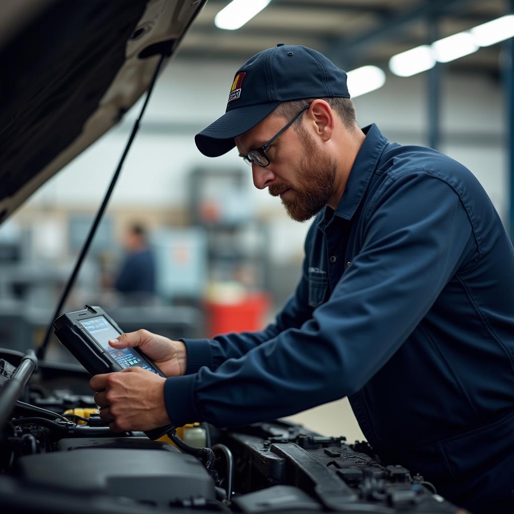 Certified mechanic using a diagnostic tool on a car