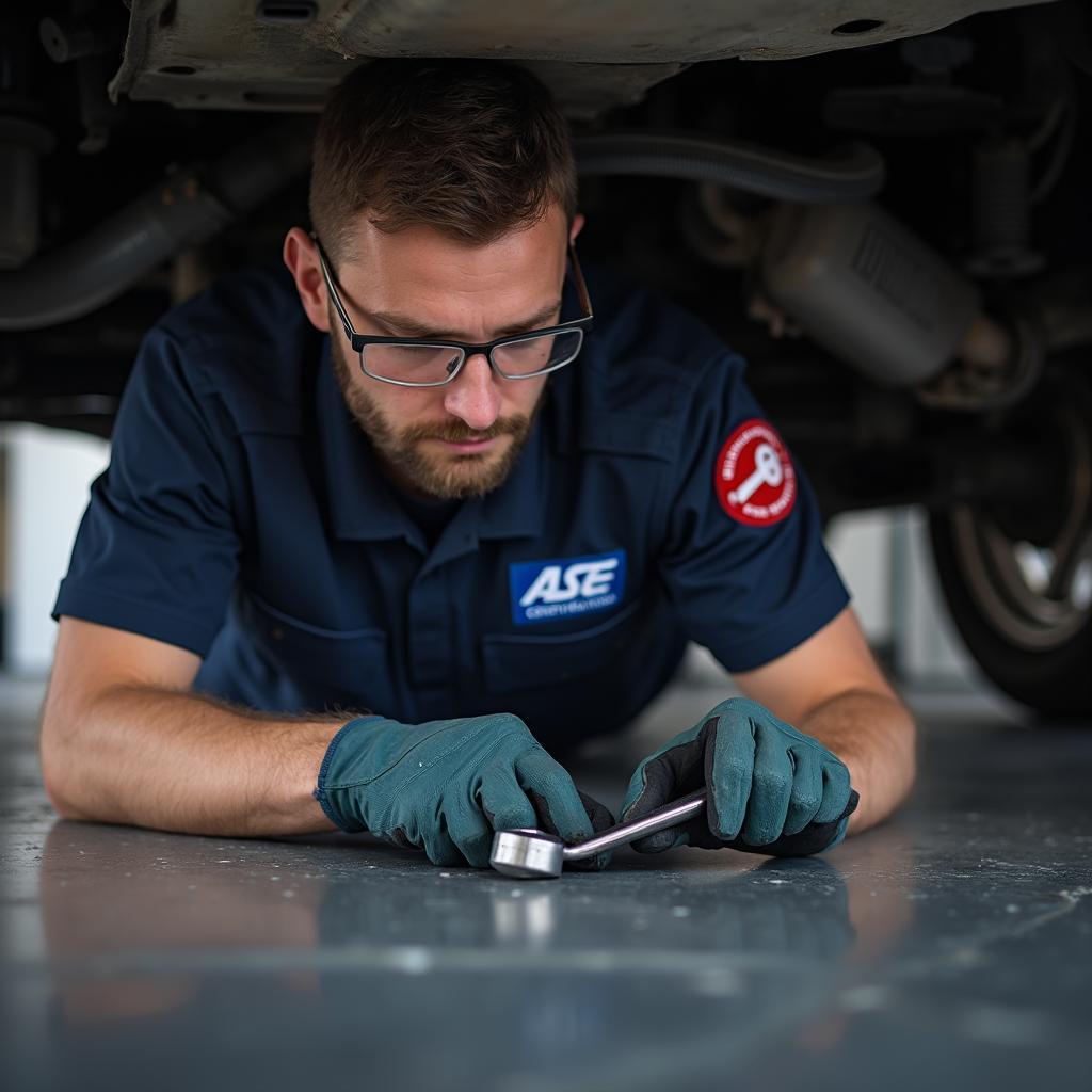 Certified Mechanic Working Under Car