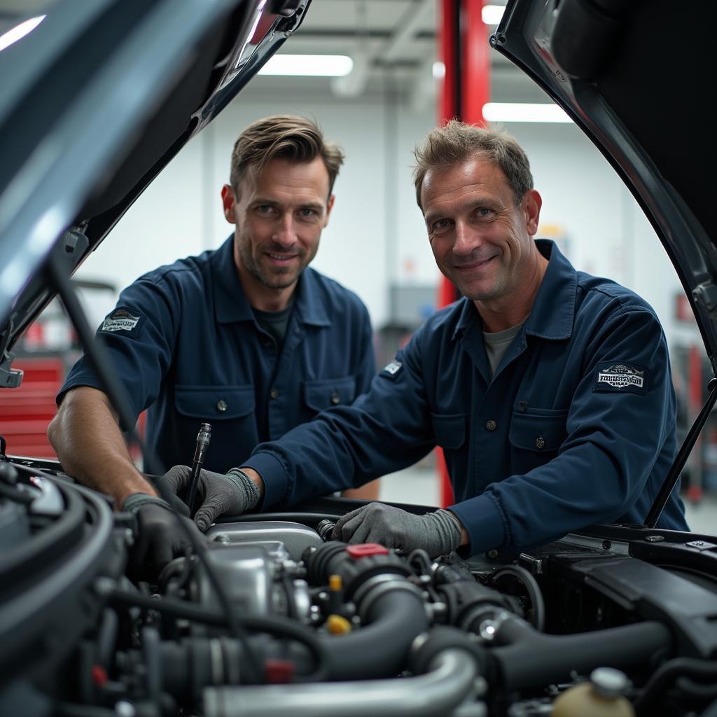 Two ASE-certified mechanics working on a car engine in Manistee, MI