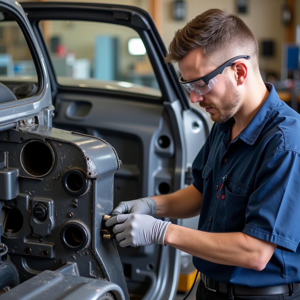 Certified Smash Repair Technician Working on a Damaged Car