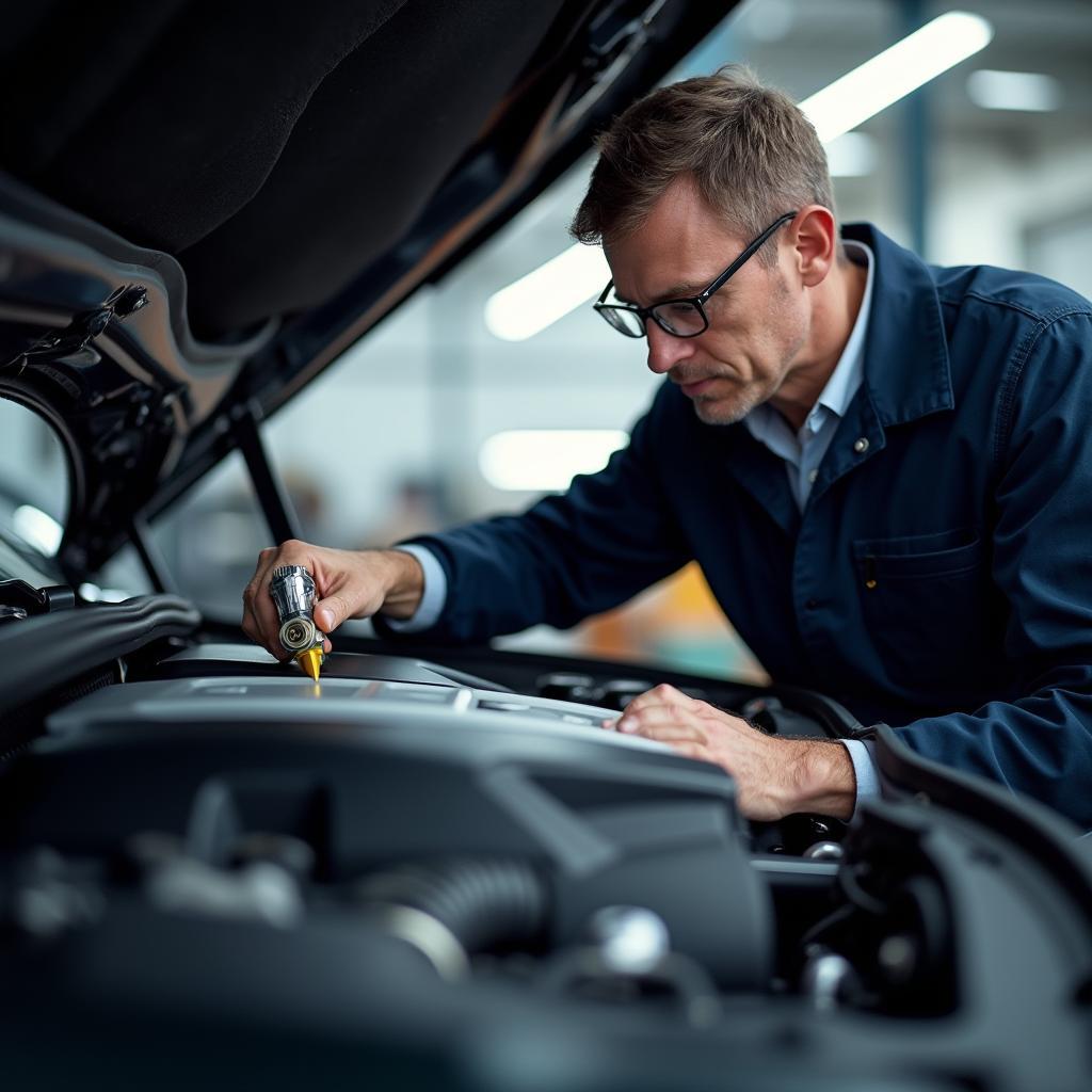 Certified technician inspecting a luxury car engine