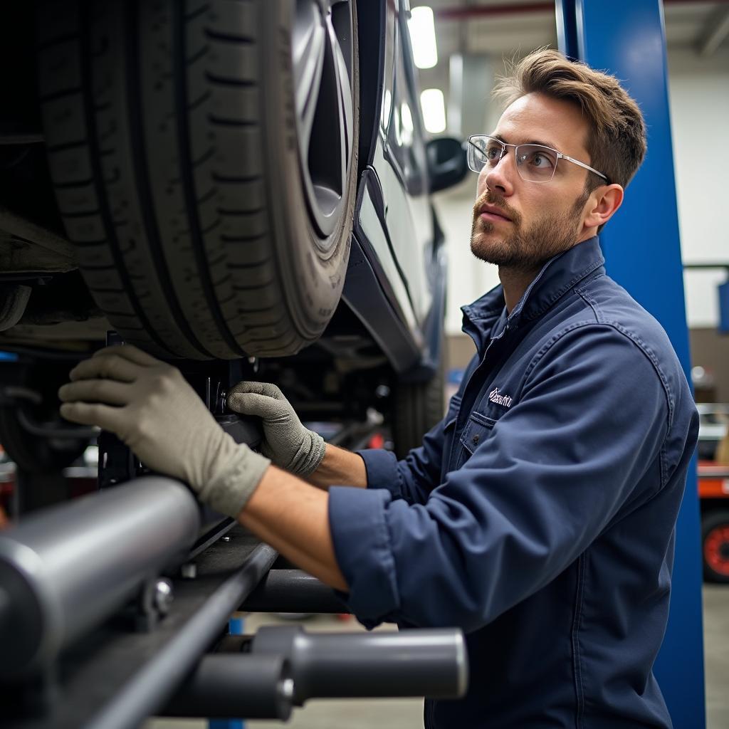 Certified auto technicians working on a vehicle's frame in Fort Wayne