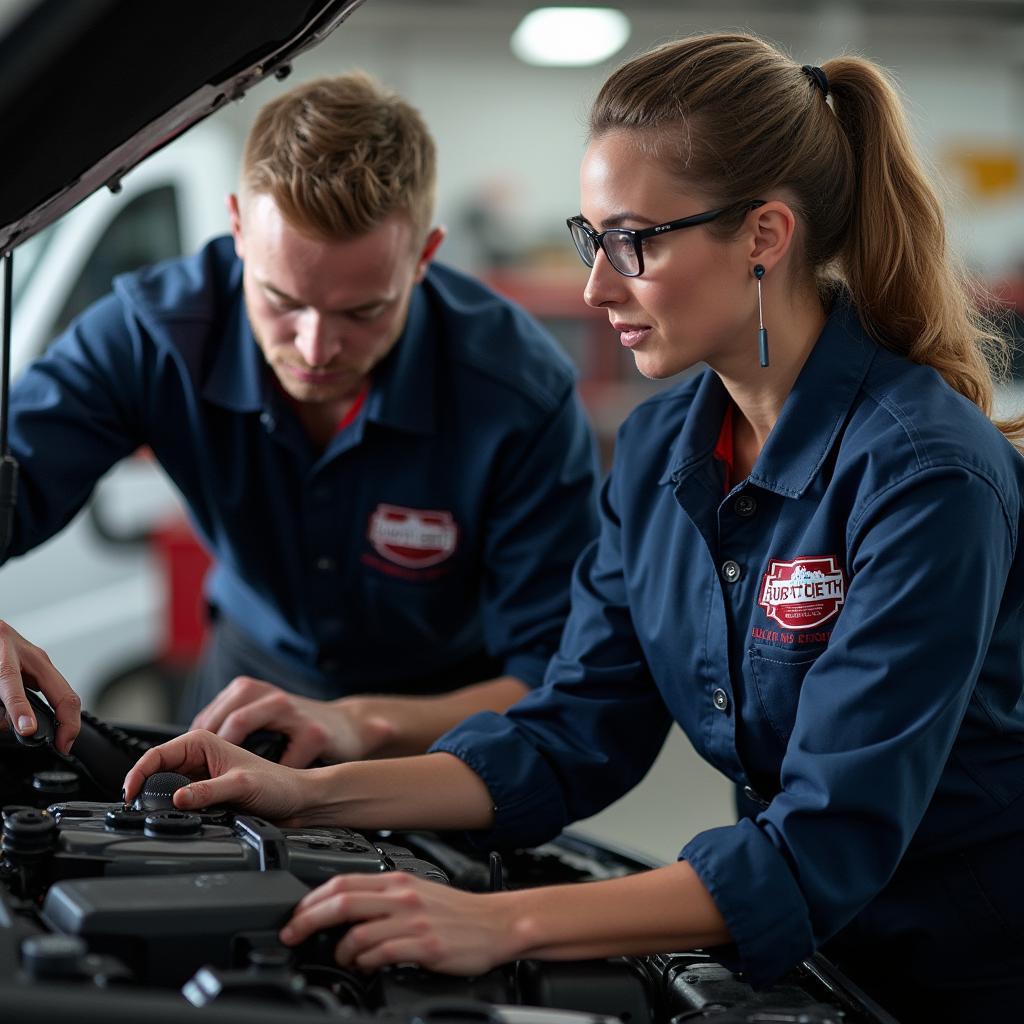 Certified technicians working on a car engine