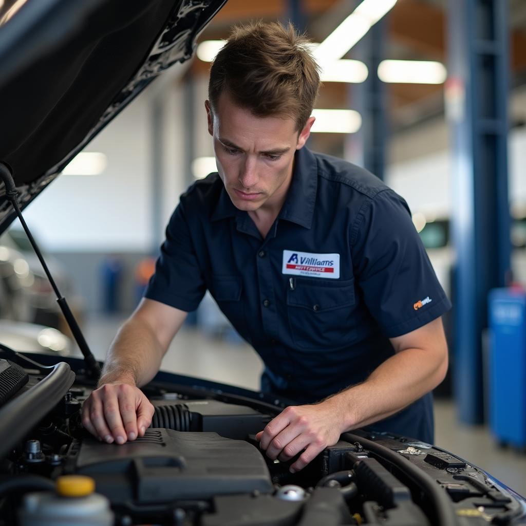 A certified Williams Auto Service technician works on a car