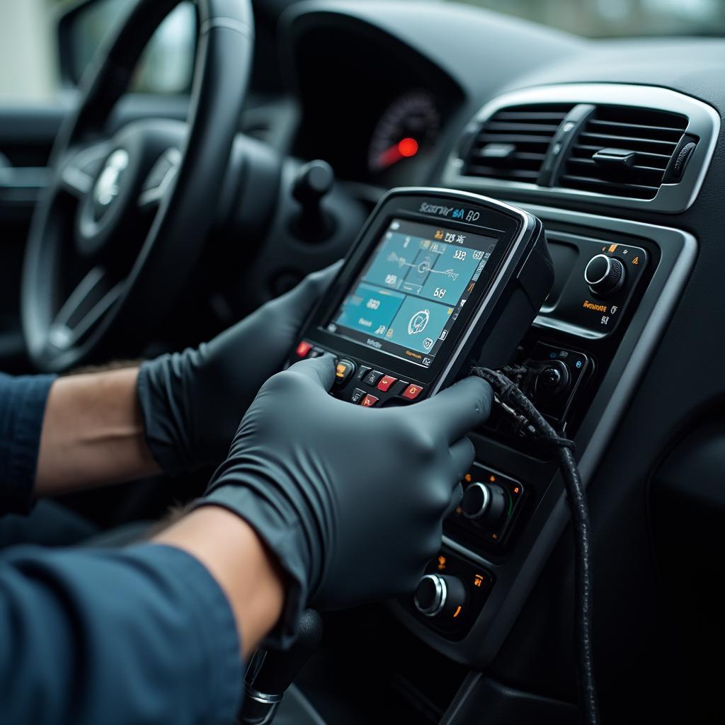 Mechanic using a diagnostic tool on a car in Chambly