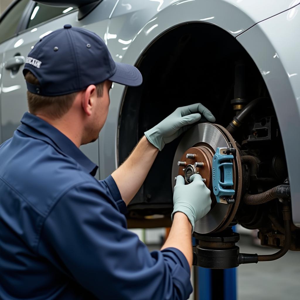 Mechanic inspecting car brakes in Charleston