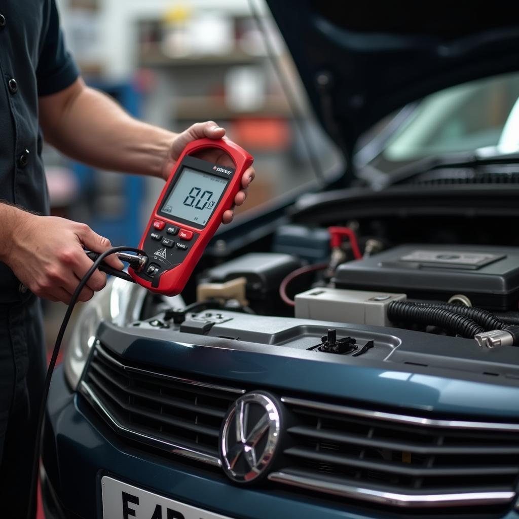 Mechanic Testing Car Battery in Cheadle