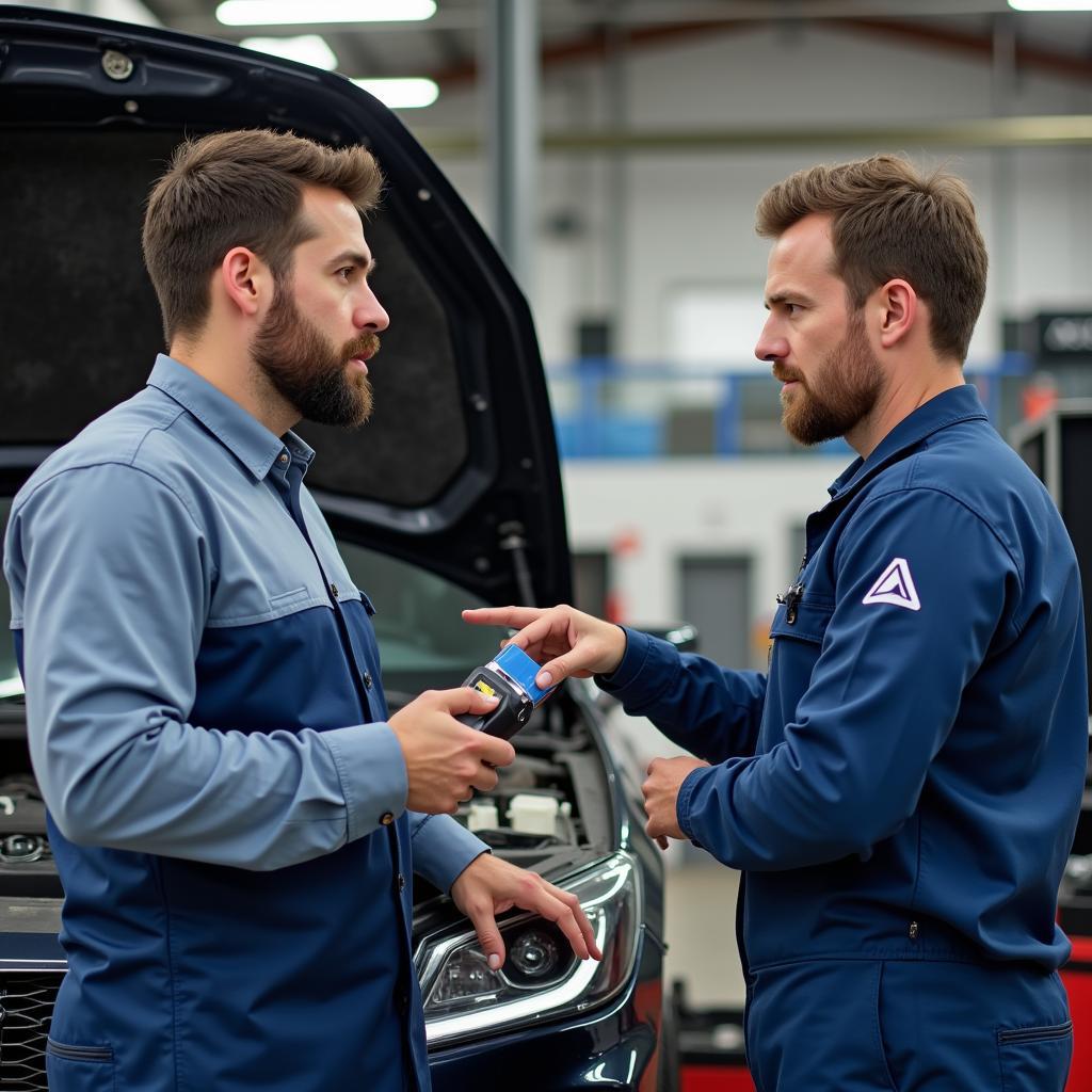 Mechanic explaining car damage to car owner