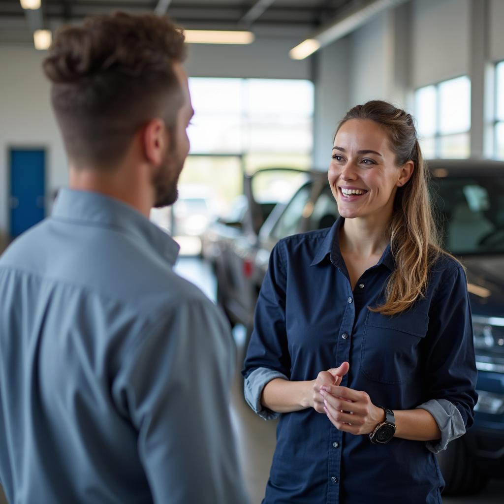 Modern auto service center in Cheyenne with a customer talking to a service advisor