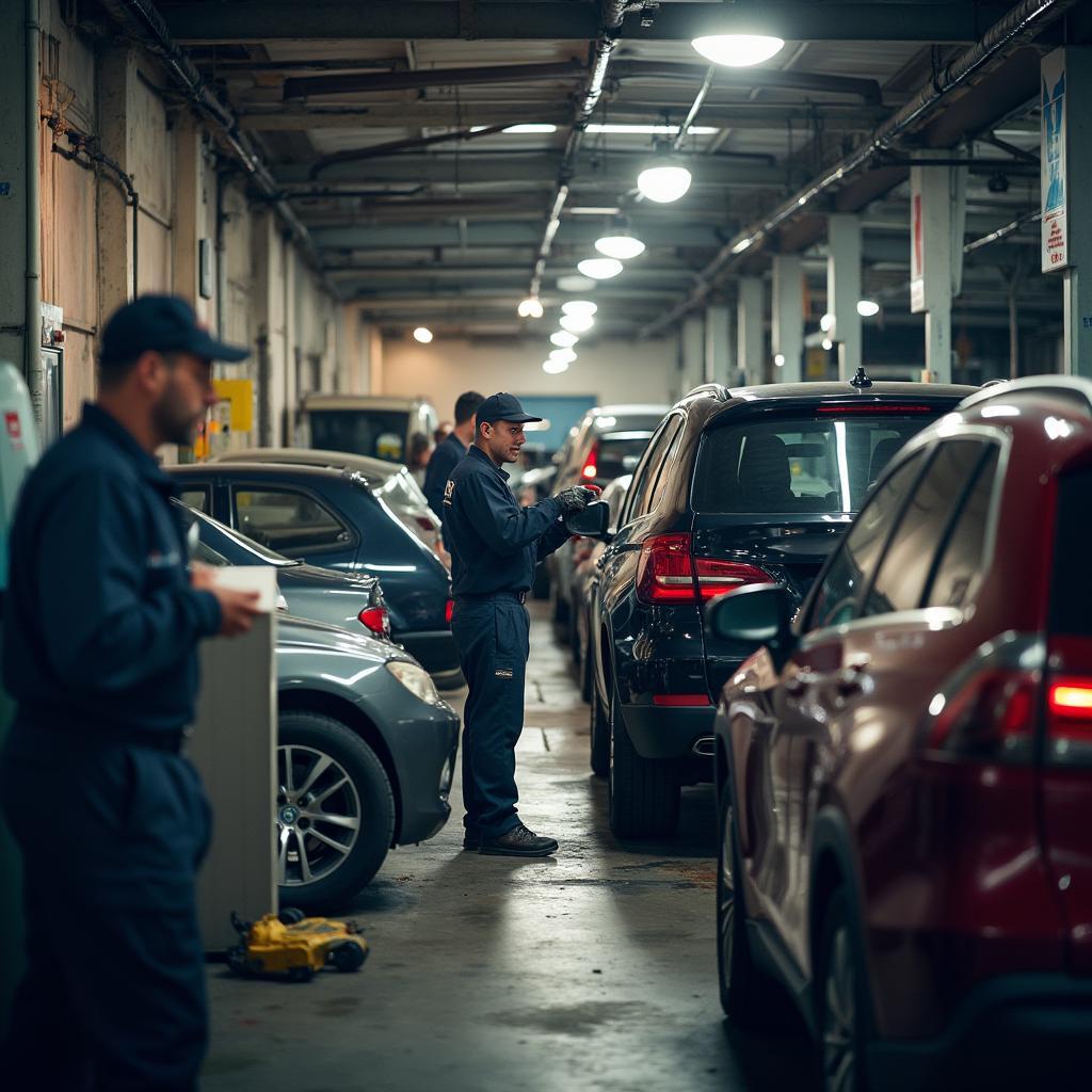 Auto service technicians working in a busy Chicago garage