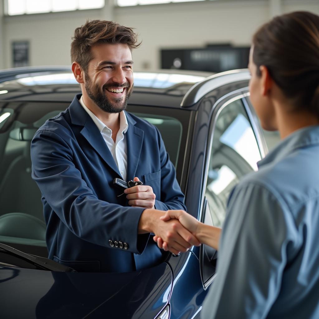 Satisfied customer receiving keys after auto detailing service