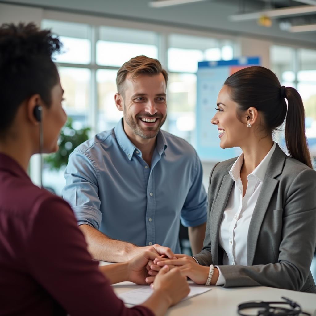 Customer talking to a representative at an auto tag service counter