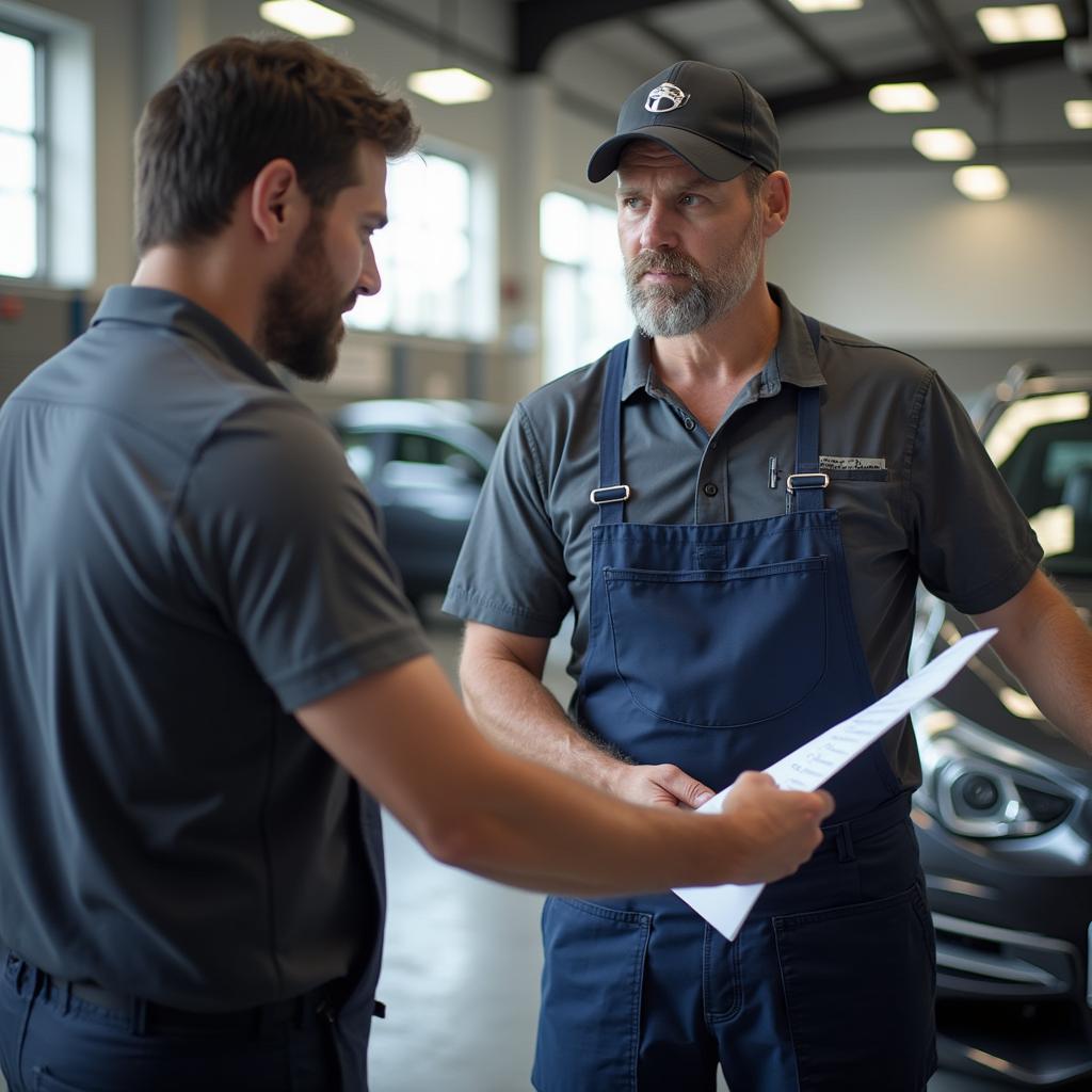 A customer talking to a friendly mechanic in a Pensacola auto service center.