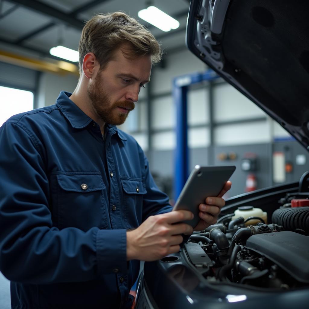 Mechanic inspecting a car with a tablet