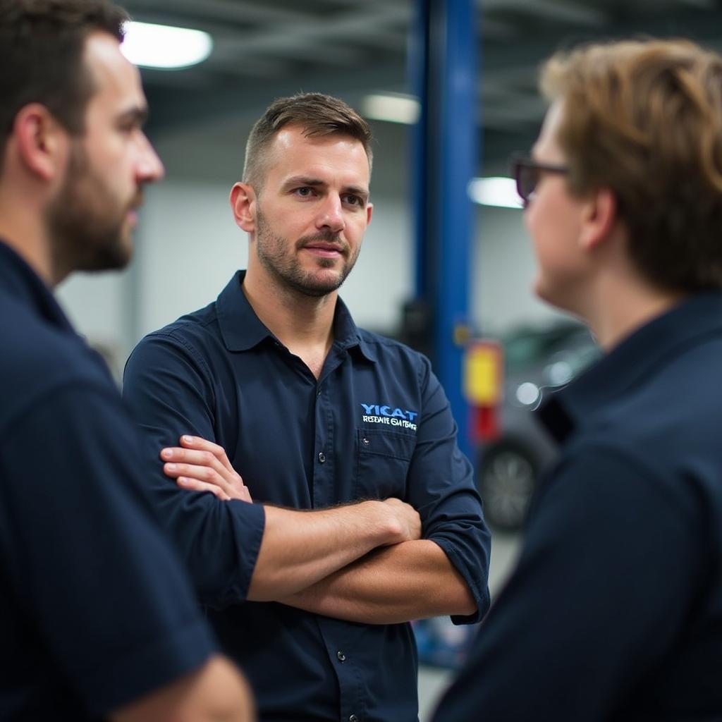 Customers Talking to Mechanic in Repair Shop