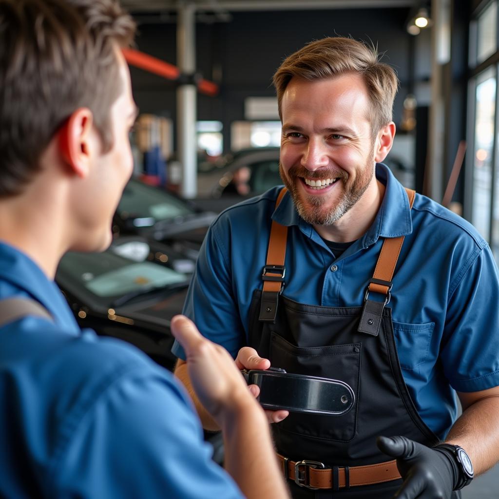 Mechanic talking to a customer