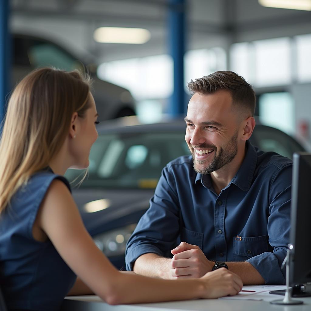 Mechanic discussing warranty options with a customer