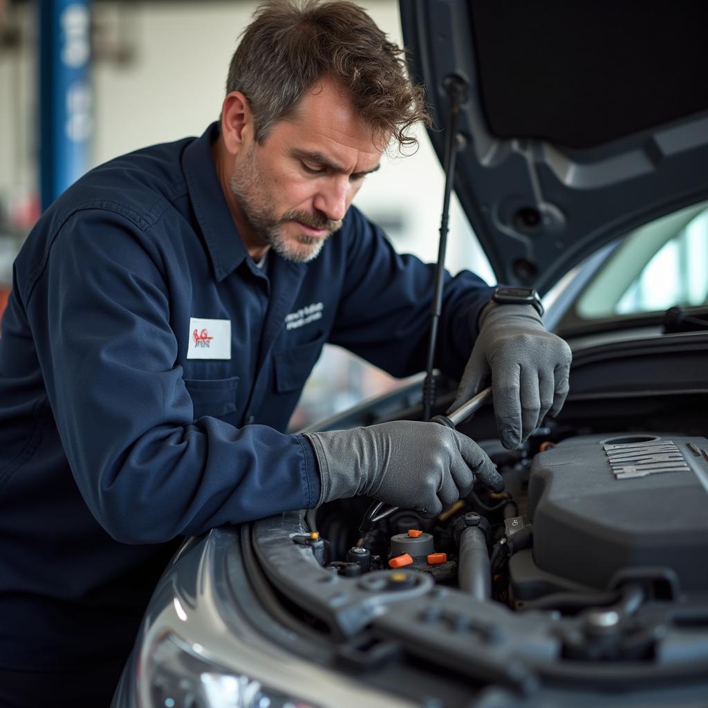 Chris' Auto Repair Service Technician Working on Car