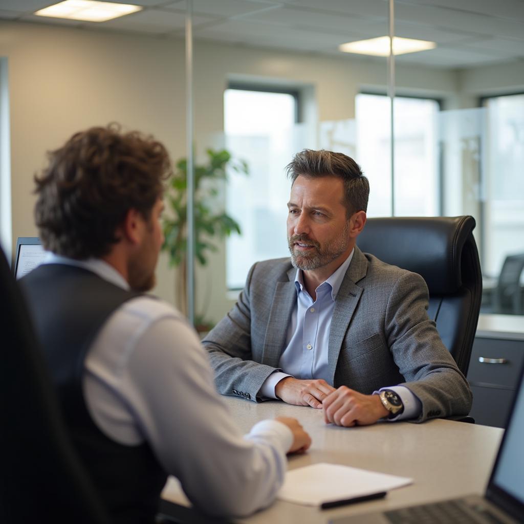 An insurance agent assisting a client with car insurance in their office, Chula Vista