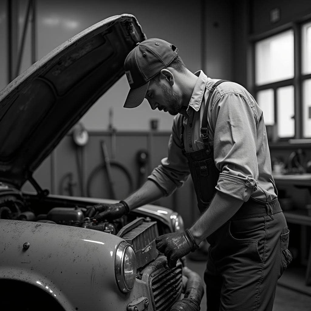 Mechanic working on a classic car engine