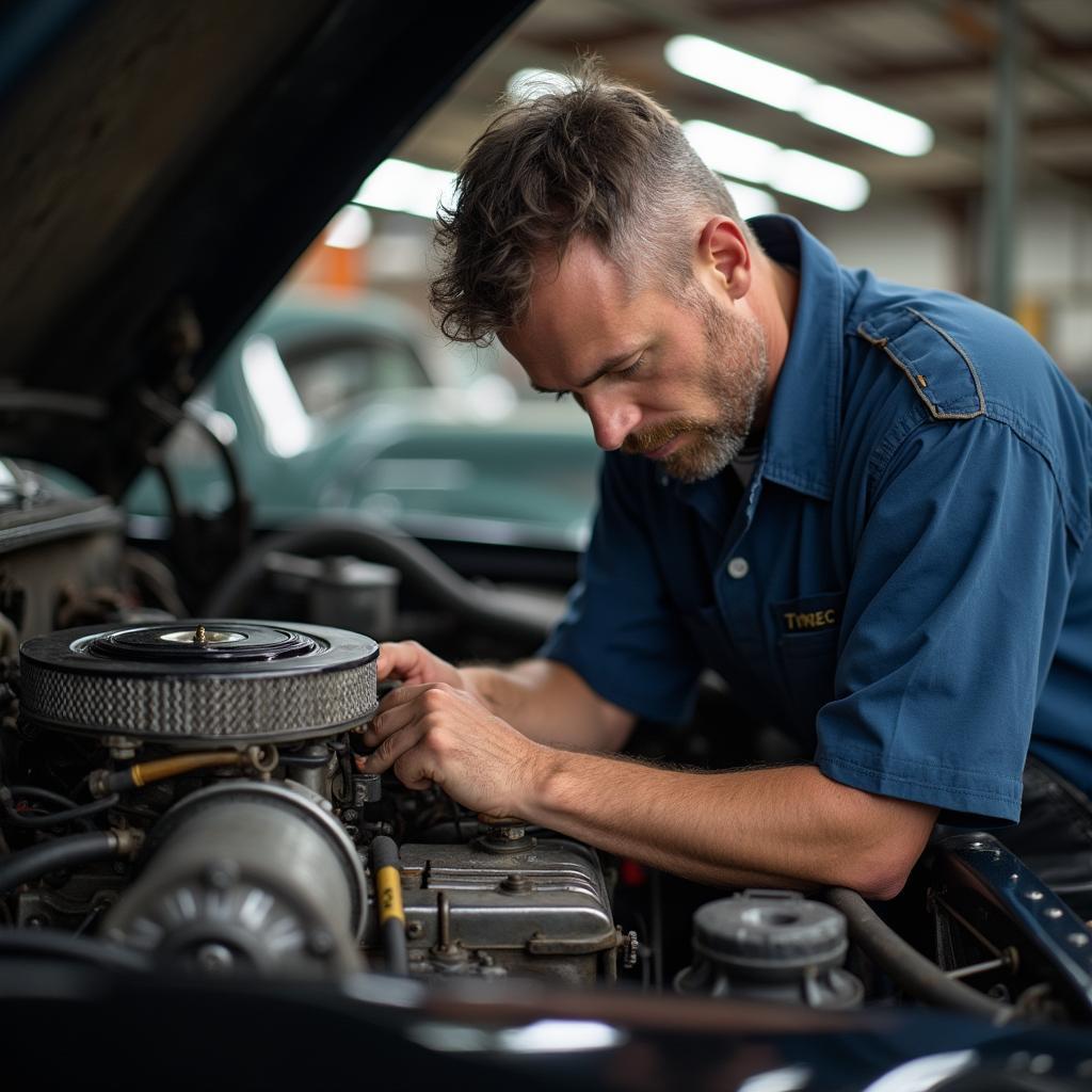 Mechanic working on a classic car engine