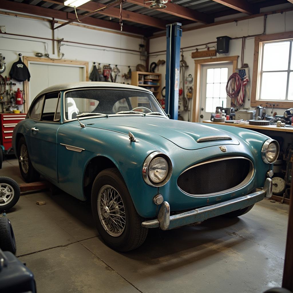 Classic car being restored in a Daytona Beach shop