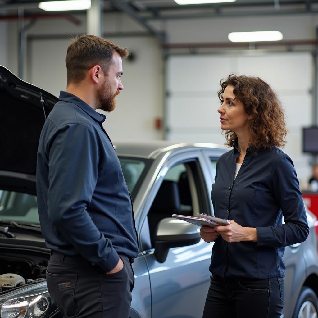 Customer consulting with auto service advisor in Cleveland