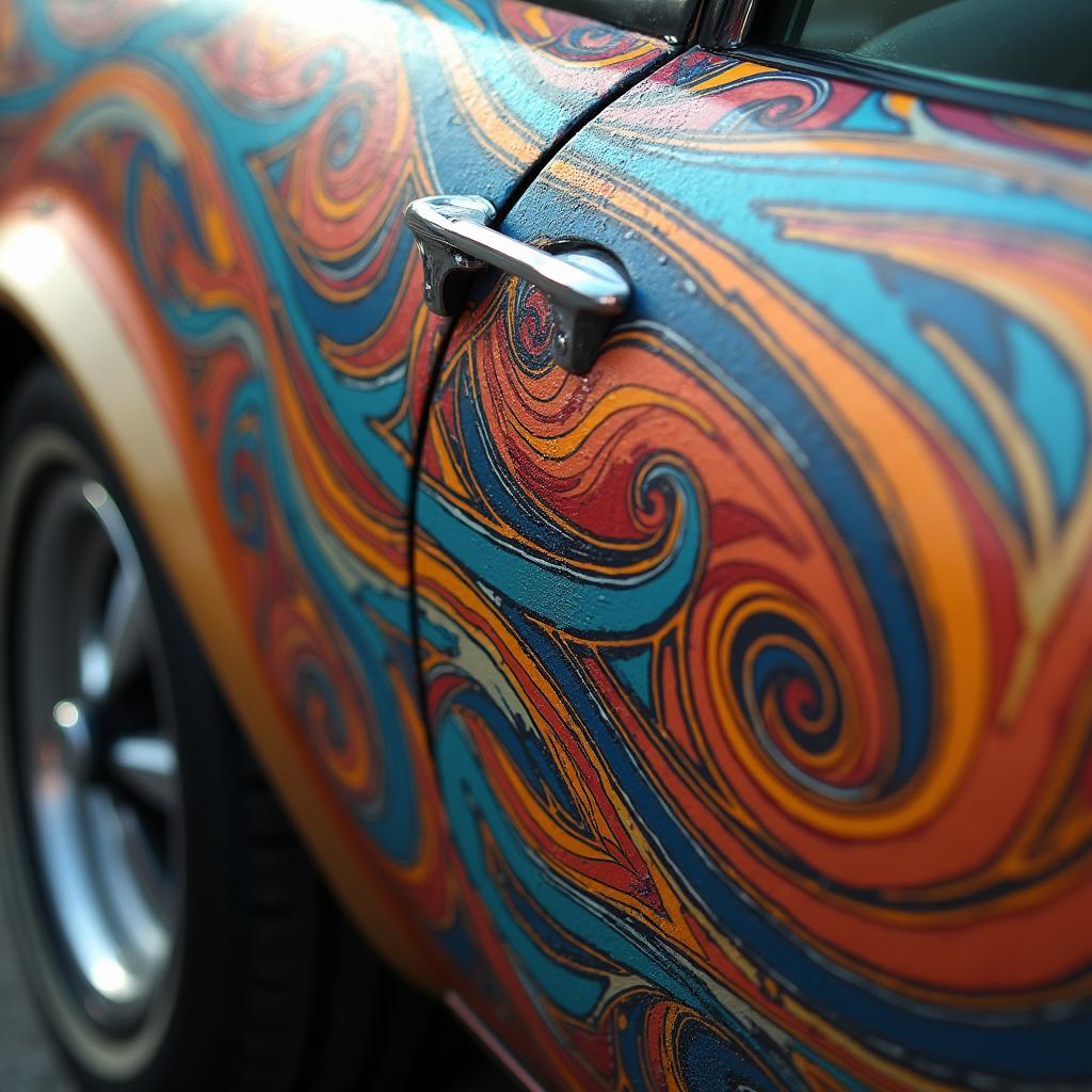 Intricate pinstripe design on a car door