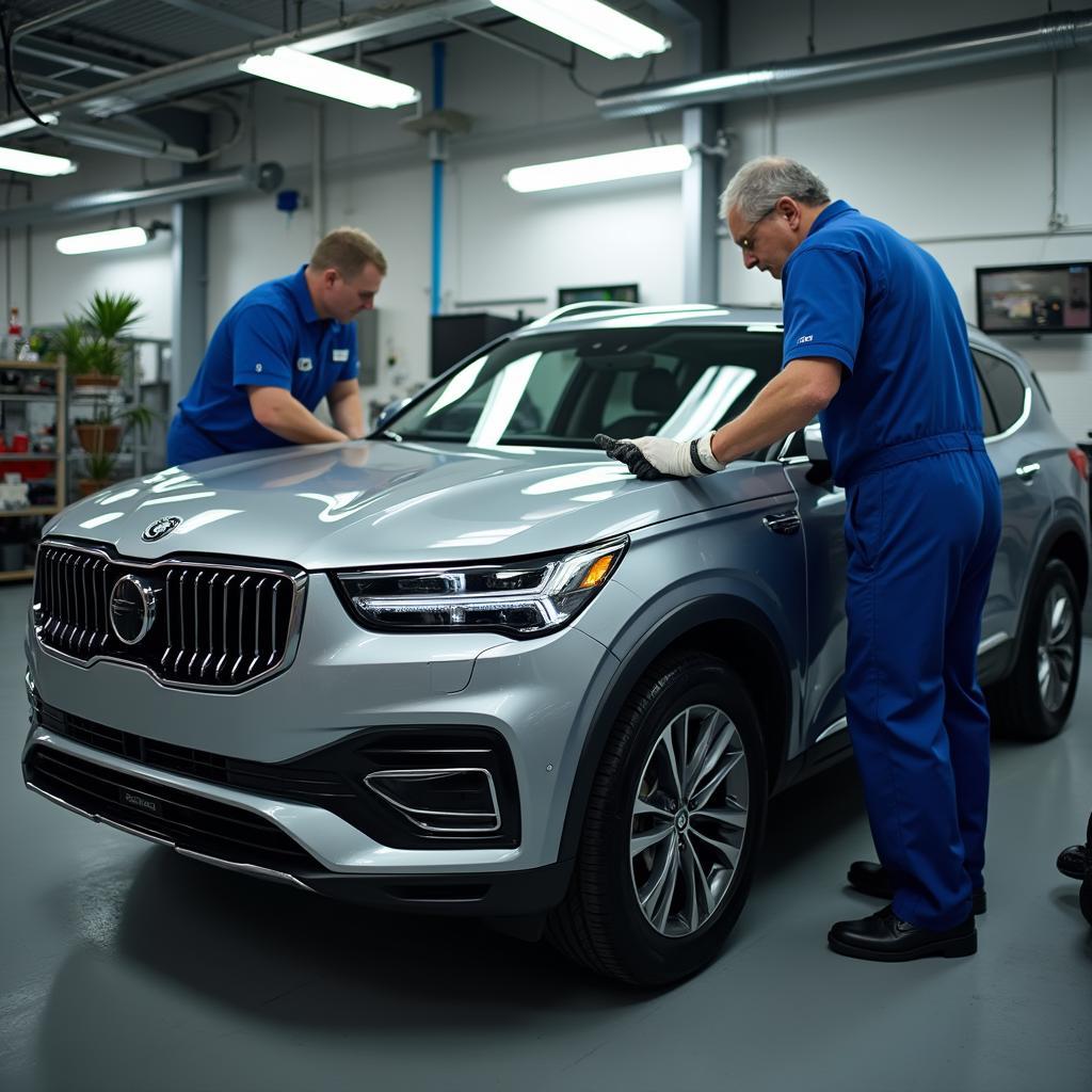 Car undergoing collision repair in a professional body shop