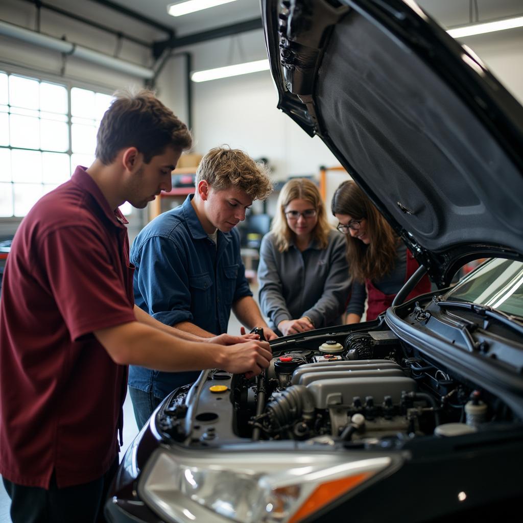 Students working on a car engine in an auto repair school in Colorado