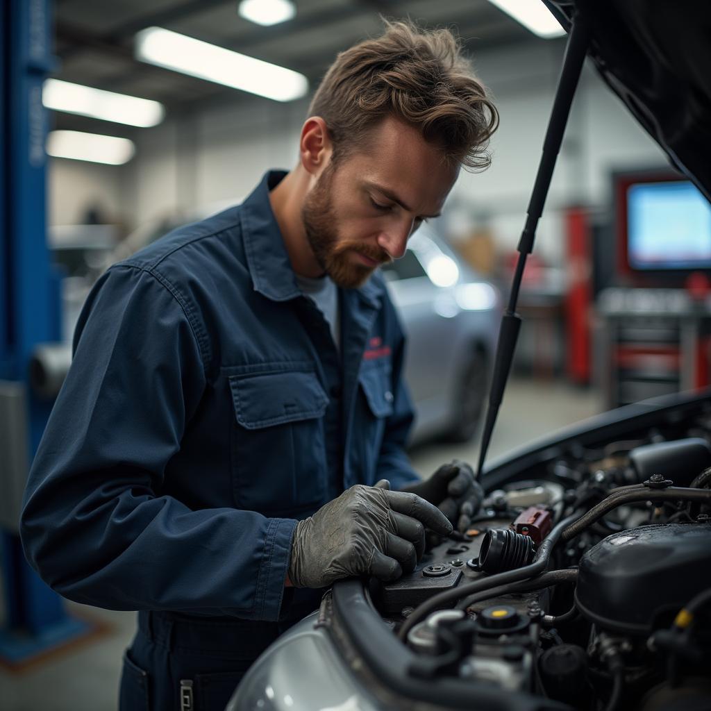 Auto repair technician working on a vehicle in a Colorado shop