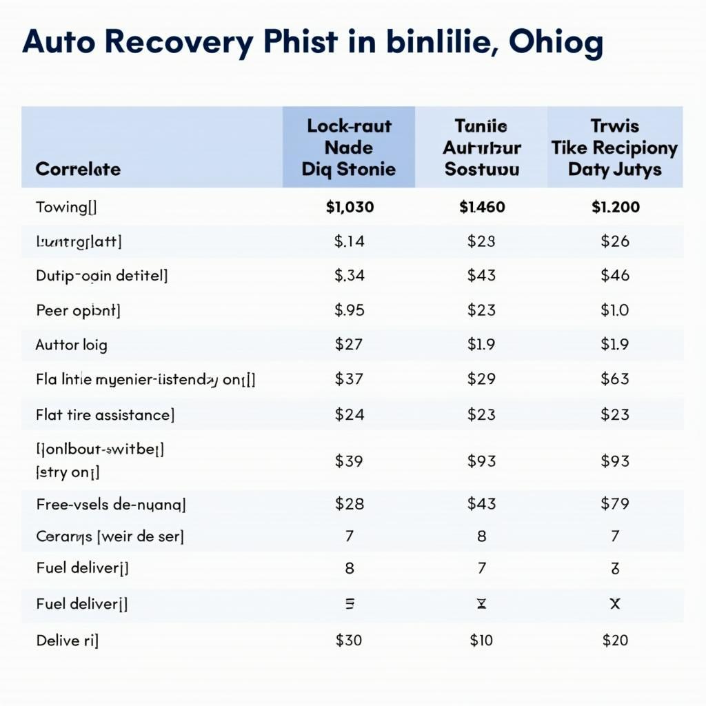 Columbus Ohio Auto Recovery Price Comparison Chart