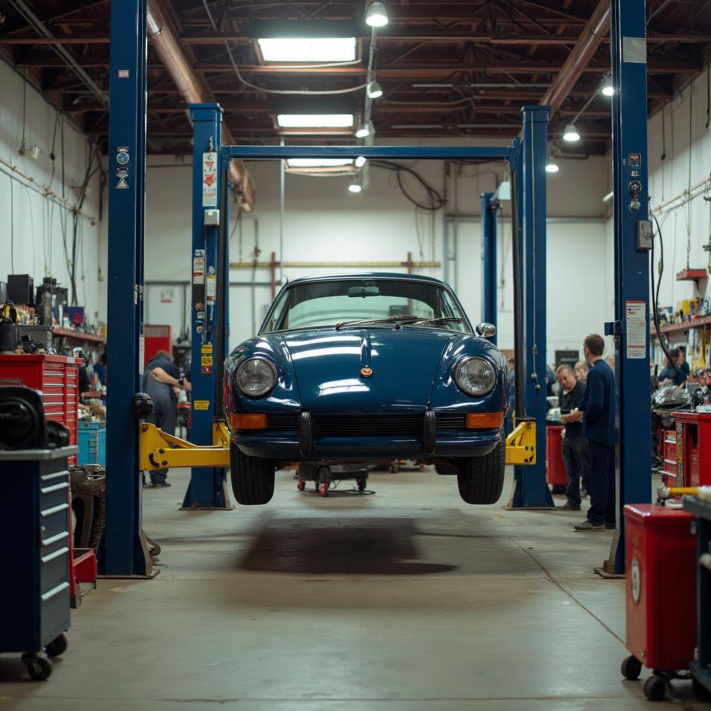 Columbus, Ohio auto repair shop with a car on a lift.