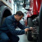 Mechanic inspecting a commercial truck engine