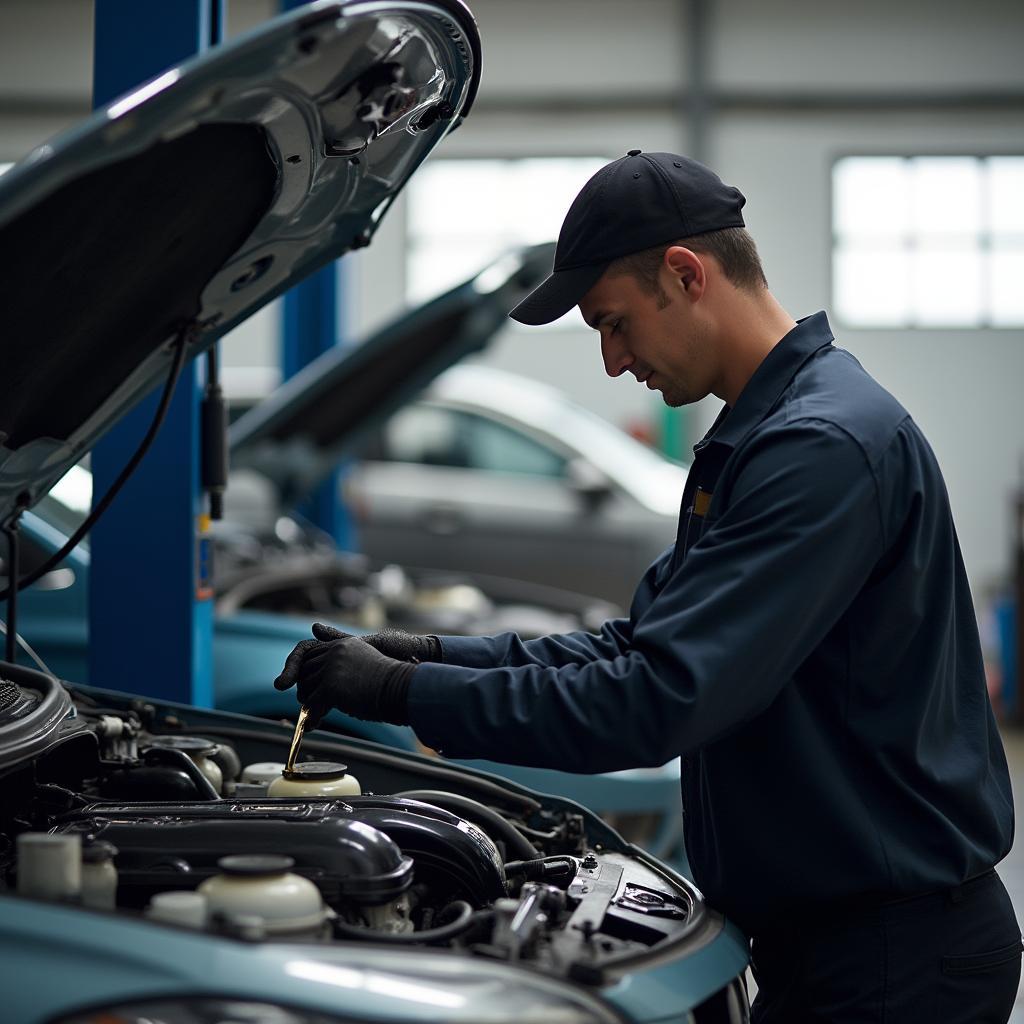 Car undergoing an oil change with mechanic inspecting the engine