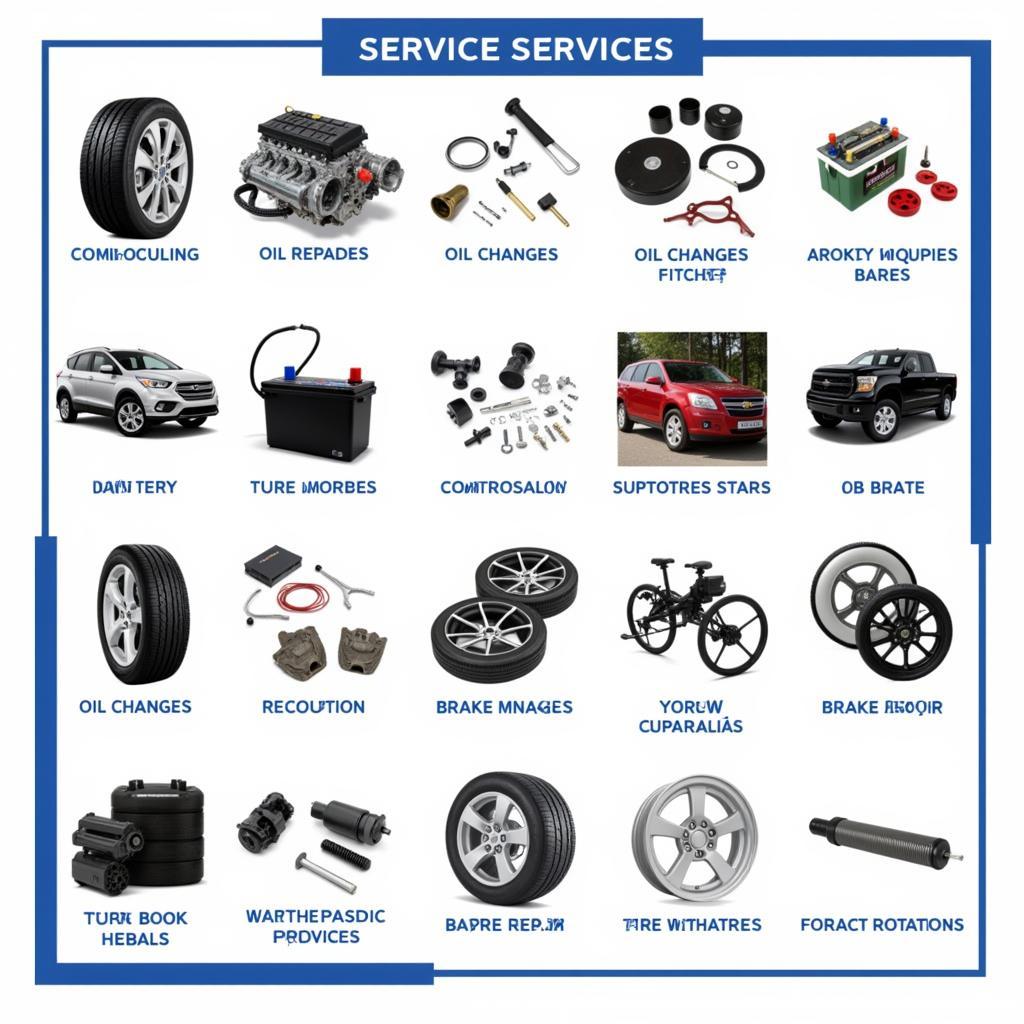  A collage showcasing various car parts and common auto services offered in Palmetto Bay.