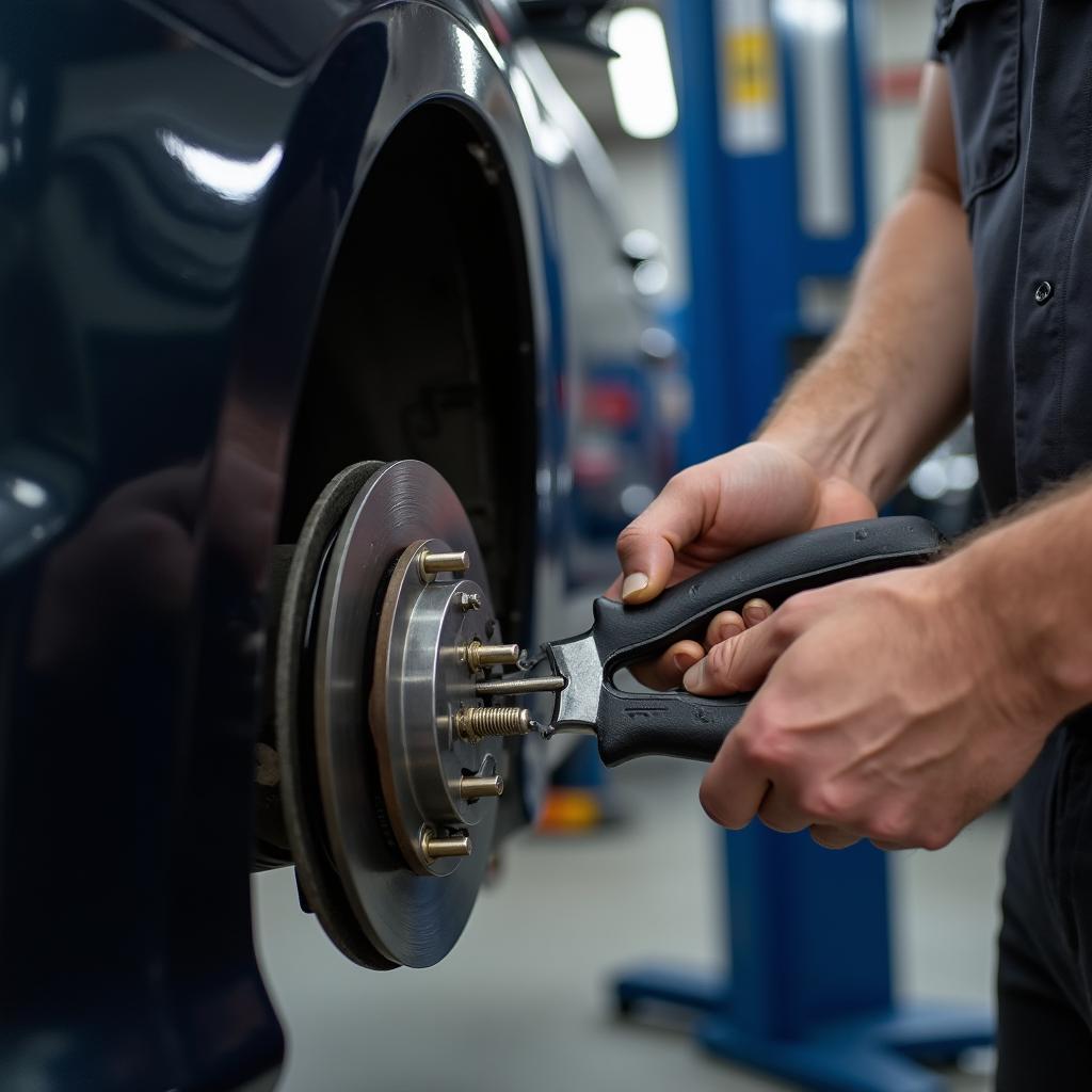 Car mechanic inspecting brakes in a Pensacola auto service center.