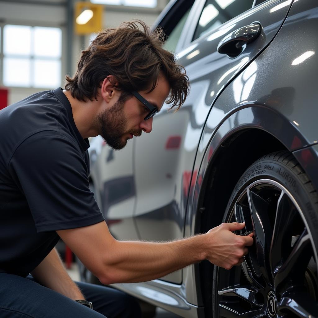 Car owner inspecting completed car repairs