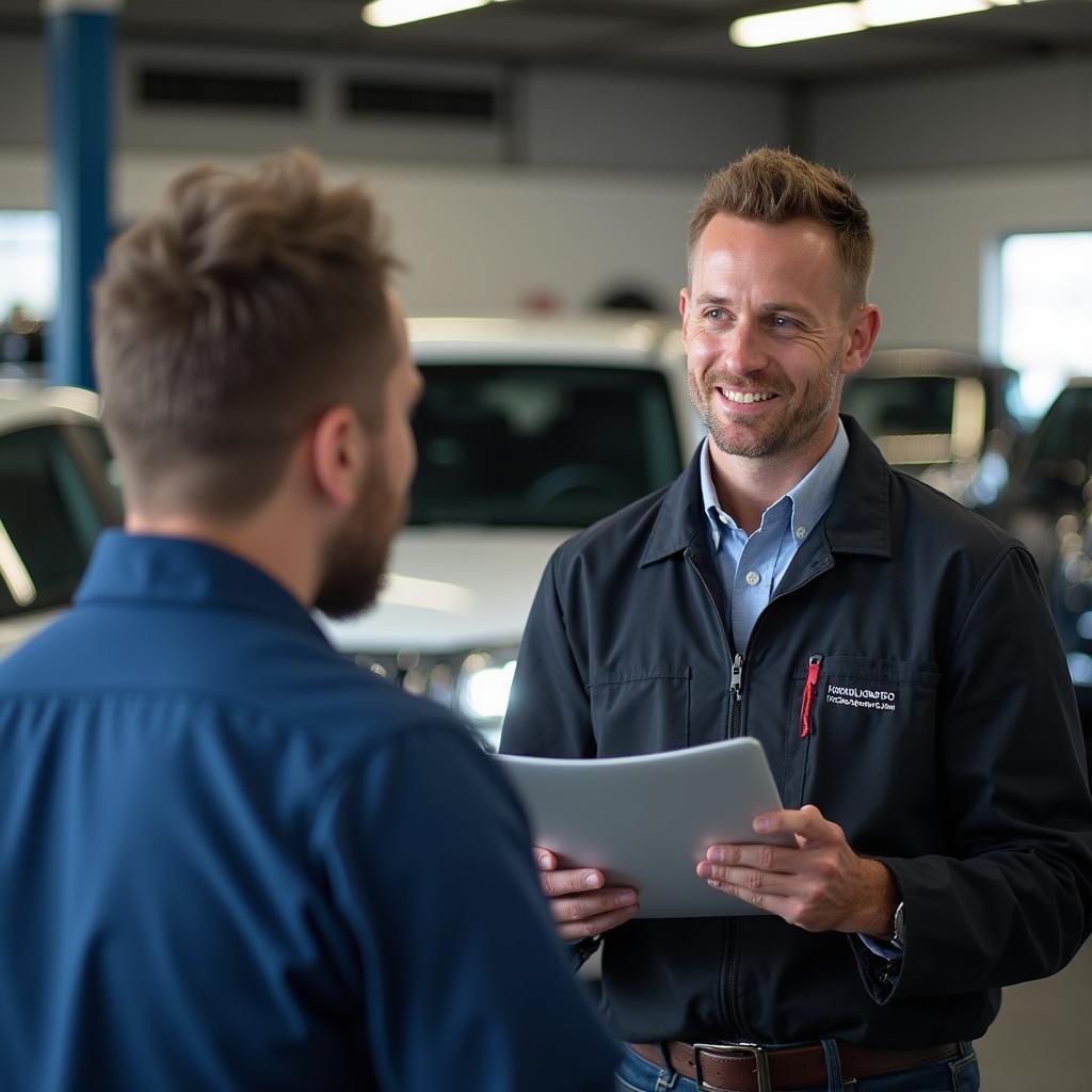 A friendly service advisor in a Concord auto service center discussing repair options with a customer