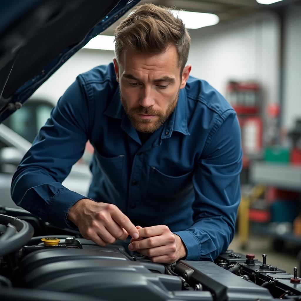 Concord auto service center mechanic inspecting a car engine