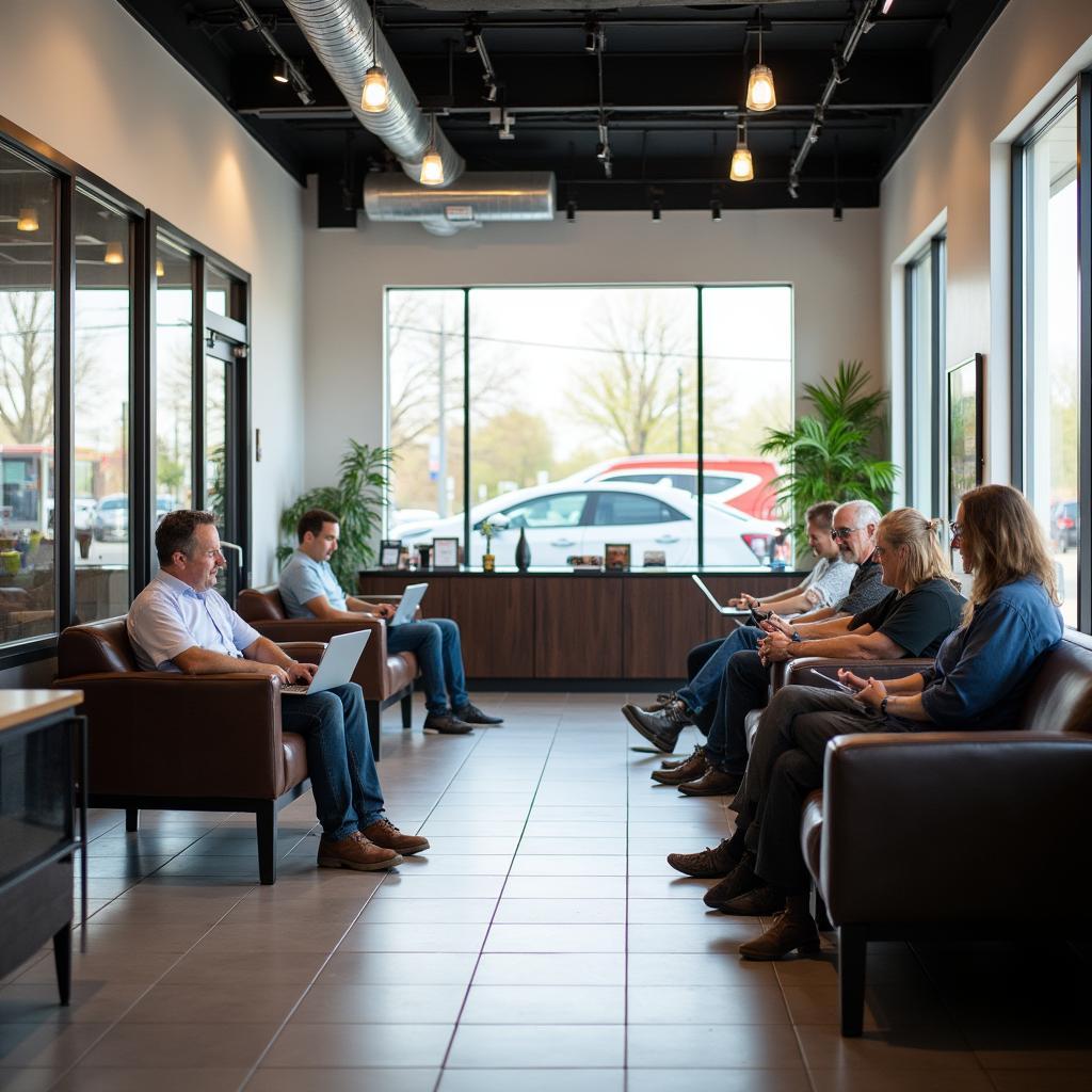 Customers relaxing in the comfortable waiting area of a Concord auto service center