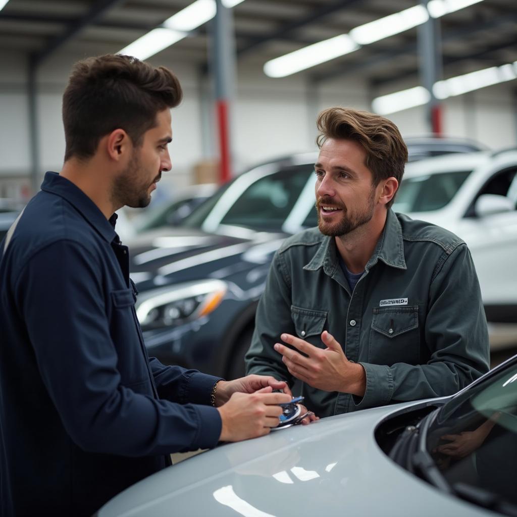 Confident car owner discussing car repair with mechanic