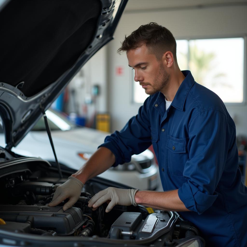 Mechanic inspecting a car engine in a Corona auto repair shop