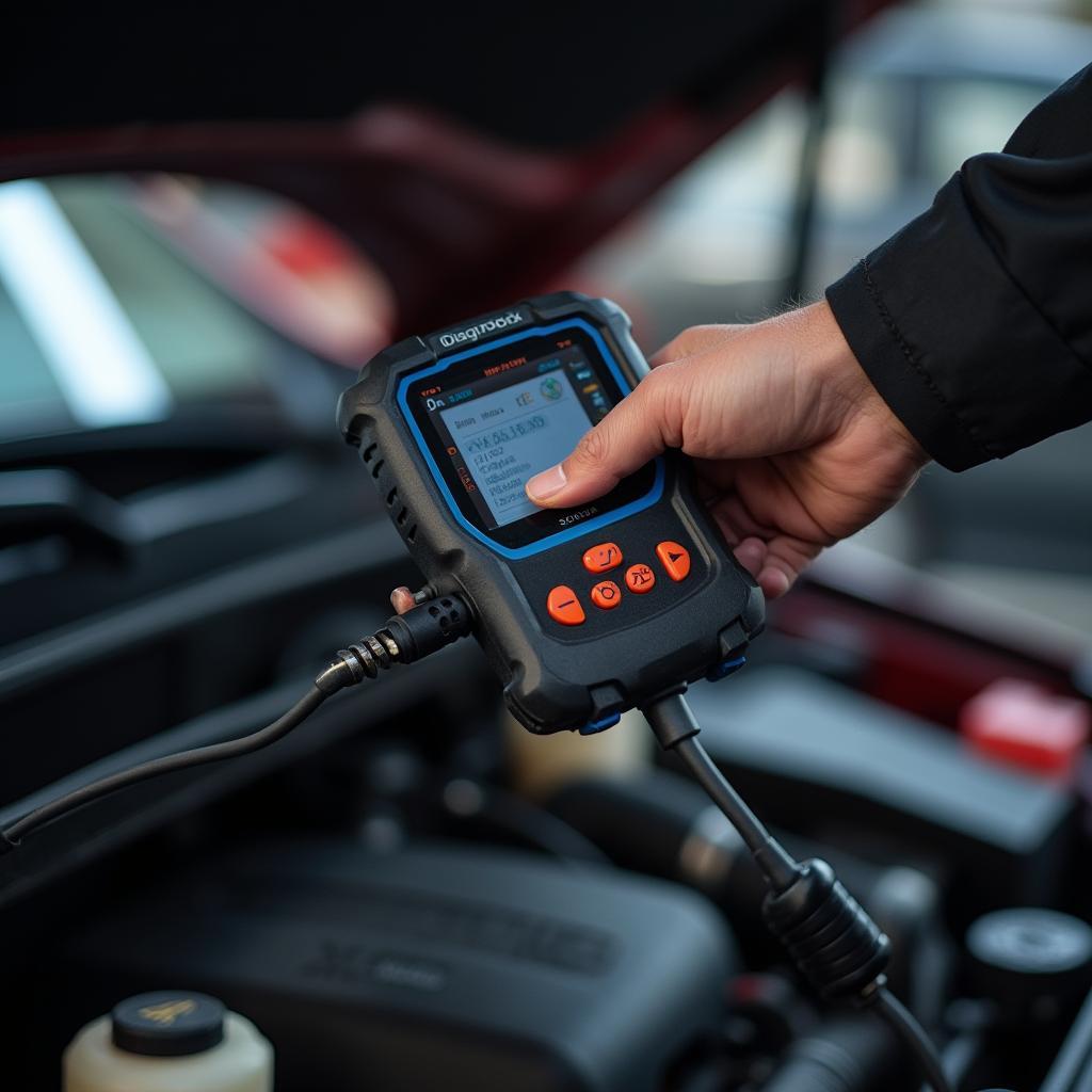  Mechanic using a diagnostic tool on a car engine