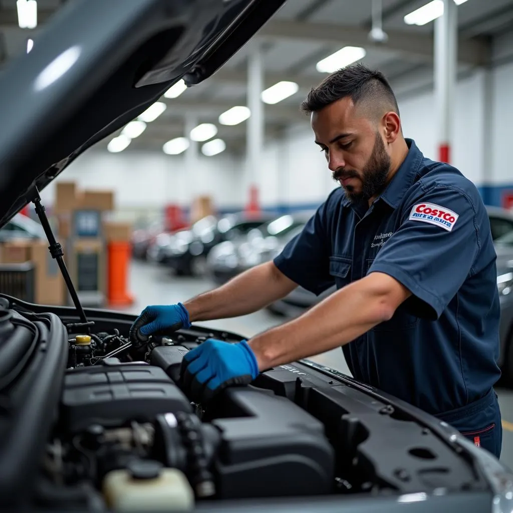 Mechanic Working on Car in Costco Service Bay